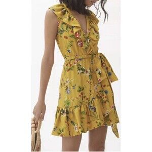 Anthropologie Maeve Floral Wrap Mini Ruffle Dress in Yellow Size‎ XL Summery EUC